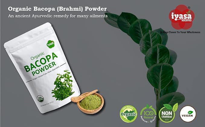 Organic Bacopa Powder (Brahmi Leaf), Certified Organic Ayurveda Superfood, Hair and Brain Tonic, Resealable Pouch of 8 oz