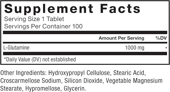 FORCE FACTOR L-Glutamine 1000mg Tablets, Glutamine for Muscle Recovery, Healthy Muscle Function, and Immunity, Vegan, Non-GMO, 100 Tablets