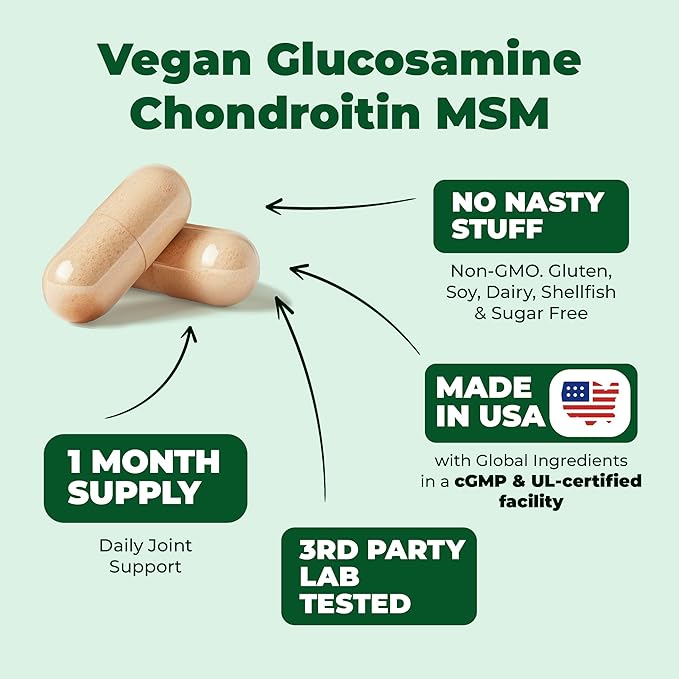 Vegan Glucosamine Chondroitin MSM - 100% Vegan Joint Support Supplement for Women & Men with Burdock and Glucosamine Sulfate 1500 mg. Used for Cartilage and Joint Health and Flexibility - 90 Capsules