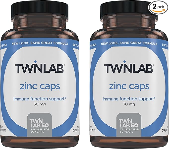 Twinlab Zinc Caps - Immune Support Supplement - Zinc Picolinate & Zinc Gluconate - Pure Zinc Supplement for Immune Defense, Healthy Skin, DNA Synthesis, Metabolism and Growth - 30mg, 100 Caps - 2 Pack