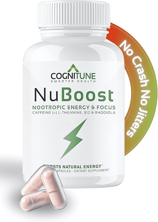 CogniTune NuBoost Energy & Focus Brain Supplement, Caffeine L-Theanine, Vitamin B12, Rhodiola + BioPerine, No Crash, Jitter Free 100mg Caffeine Pills, Clean Nootropic Brain Booster, 60 Ct