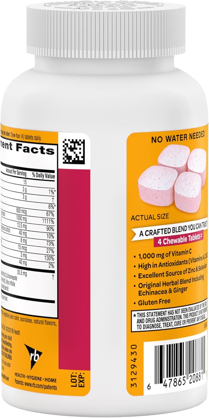 Airborne Vitamin C 1000mg (per Serving) - Very Berry Chewable Tablets (116 Count in a Bottle), Gluten-Free Immune Support Supplement, with Vitamins A C E, Zinc, Selenium, Ginger, Antioxidants