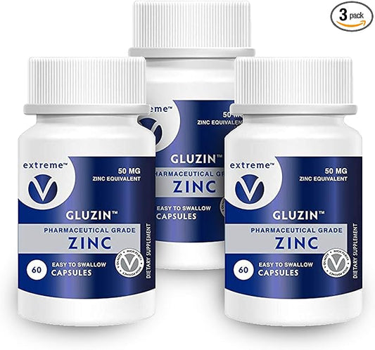 Gluzin OTC ZINC Made in The USA - Pharmaceutical Grade Zinc, 50mg, (3 Bottles - 180 Vegetarian Capsules)