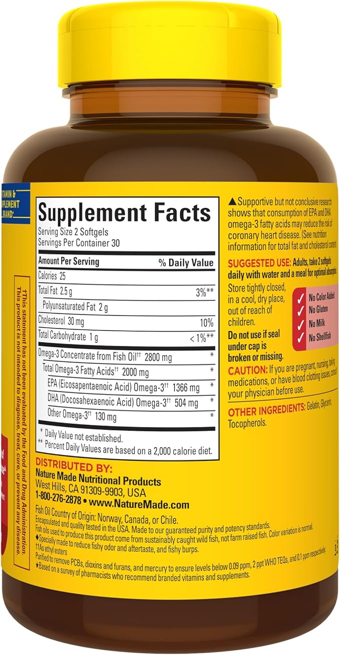 Nature Made Extra Strength Omega 3 Fish Oil Supplements, 2800mg, Fish Oil Omega 3 Supplements as Ethyl Esters for Healthy Heart, Brain, Eyes, Mood Support, 60 Softgels, 30 Day Supply