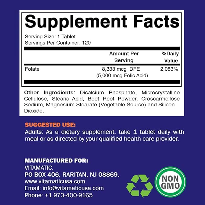 Vitamatic Folic Acid 5mg (5000 mcg) – 120 Vegetarian Tablets per Bottle | Pack of 2 (Total 240 Tablets) Vitamin B9 (Folate) | Supports Heart Health, Brain Function, and Prenatal Wellness