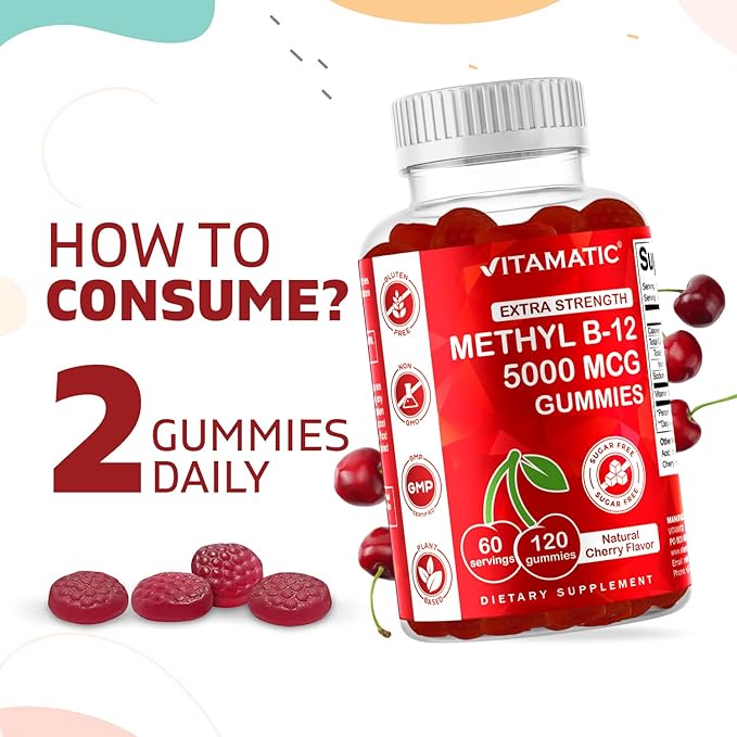 Vitamatic Extra Strength Vitamin B12 5000 mcg (Methyl B12) Gummies - 120 Count - Energy Metabolism Support and Nervous System Health Support, Natural Cherry Flavored (1)