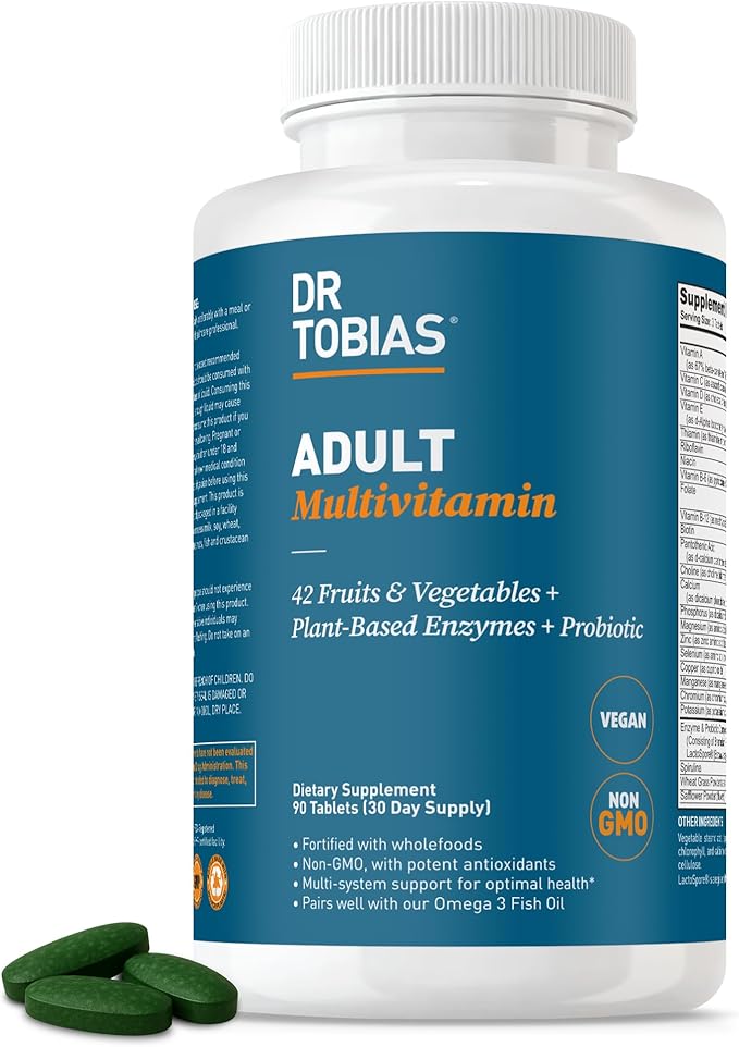Dr. Tobias Adult Multivitamin for Women & Men, Immune Supporting Vitamins from 42 Fruits, Vegetables, Plus Probiotics, Vegan Multivitamins for Men & Women, Non-GMO, 90 Tablets, 30 Servings