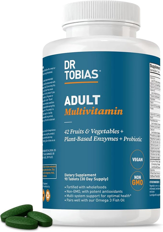 Dr. Tobias Adult Multivitamin for Women & Men, Immune Supporting Vitamins from 42 Fruits, Vegetables, Plus Probiotics, Vegan Multivitamins for Men & Women, Non-GMO, 90 Tablets, 30 Servings