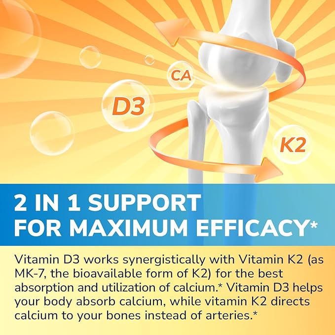 Vitamin D3 K2 Supplement, 10000 IU D3 / 200 mcg K2 MK7, Calcium Absorption, Bone, Heart, Immune & Muscle Support, Enhanced Absorption, No Soy, Easy to Swallow, 300 Softgels