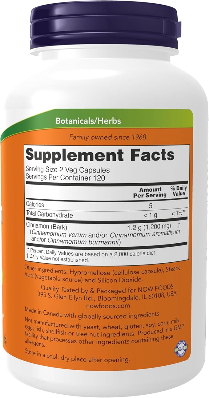 NOW Foods Supplements, Cinnamon Bark 600 mg, Non-GMO Project Verified, Healthy Glucose Metabolism*, 240 Veg Capsules