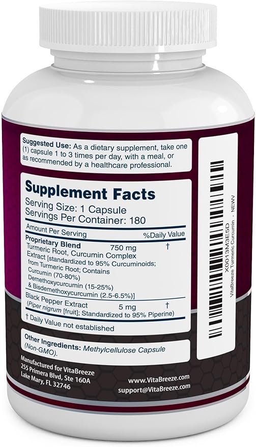 Turmeric Curcumin Complex with Black Pepper Extract - 755mg per Capsule, 180 Veg. Caps - Contains Piperine (for Superior Absorption and Tumeric Bio-Availability) and 95% Standardized Curcuminoids