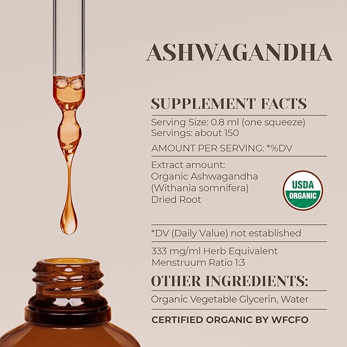 Ashwagandha USDA Organic Alcohol-Free Extract | Dietary Supplement, High-Potency Tincture | Natural Certified Organic Ashwagandha (Withania Somnifera) Dried Root (4 oz)