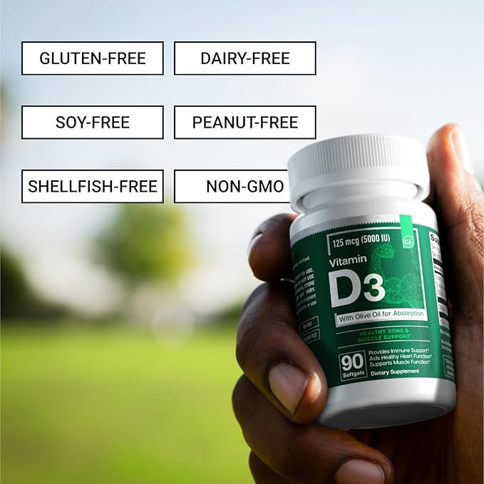 Essential Elements D3 Vitamins 5000 IU Softgels with Olive Oil for Bone, Muscle, & Immune Support