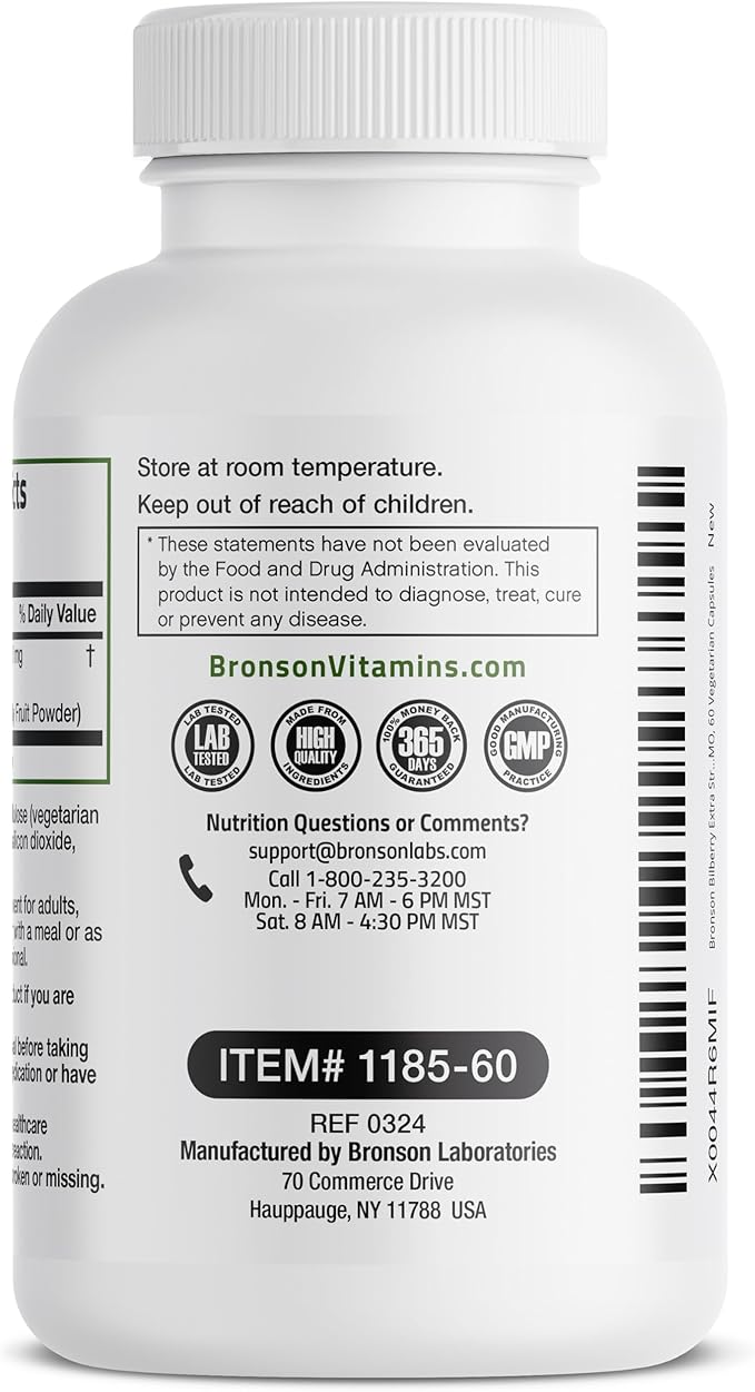 Bronson Bilberry Extra Strength Vaccinium Myrtillus, Promotes Eye Health and Supports Healthy Vision - Non GMO, 60 Vegetarian Capsules