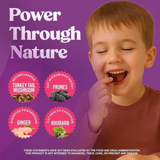 Super Prune Kids - Great for Constipation Relief - Mushroom Supplement - Turkey Tail Mushrooms, Fiber, Rhubarb, Prunes, Ginger, Chamomile (30 Mushroom Gummies)
