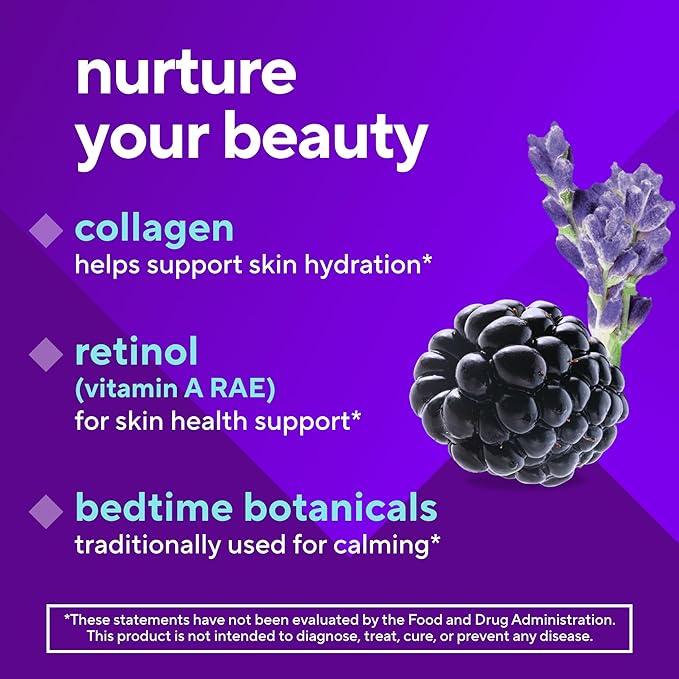 Vitafusion Nighttime Skin Support (1), Beauty Supplement with Retinol (Vitamin A RAE), Collagen & Bedtime Botanicals, BlackBerry Lavender Flavor, 90 Count