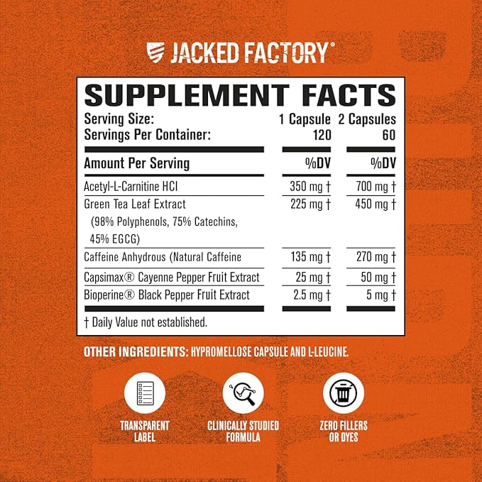 Jacked Factory Burn-XT Clinically Studied Fat Burner & Weight Loss Supplement - Appetite Suppressant & Energy Booster - with Acetyl L-Carnitine, Green Tea Extract and More - 120 Natural Diet Pills