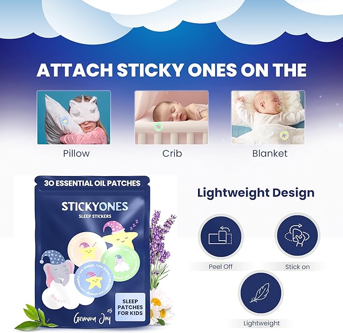 Gemma Joy StickyOnes Sleep Patches for Kids - No Melatonin Sleep Aid Bedtime Patches for Kids with All Natural Sandalwood, Chamomile & Lavender Essential Oil -Sticks to Clothes All Night (30 Stickers)