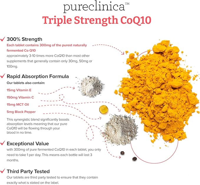 pureclinica Fermented CoQ10 300mg x 180 Tablets (2 Bottles of 90 Tablets) - 6 Months Supply. Non GMO, USP Grade. with Added Vitamin C & Black Pepper Extract for Absorption.