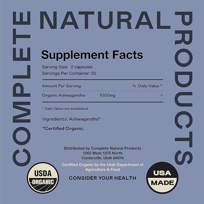 Organic Ashwagandha Capsules - 100 Capsules 500mg Pure Organic Ashwagandha Supplement for Calming Support