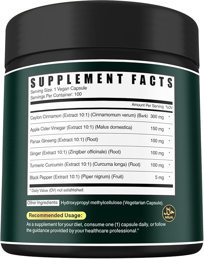 6in1 Premium Ceylon Cinnamon Supplement Plus Apple Cider Vinegar, Turmeric, Ginger, Ginseng - Weight Management, Digestion - 100 Vegan Capsules