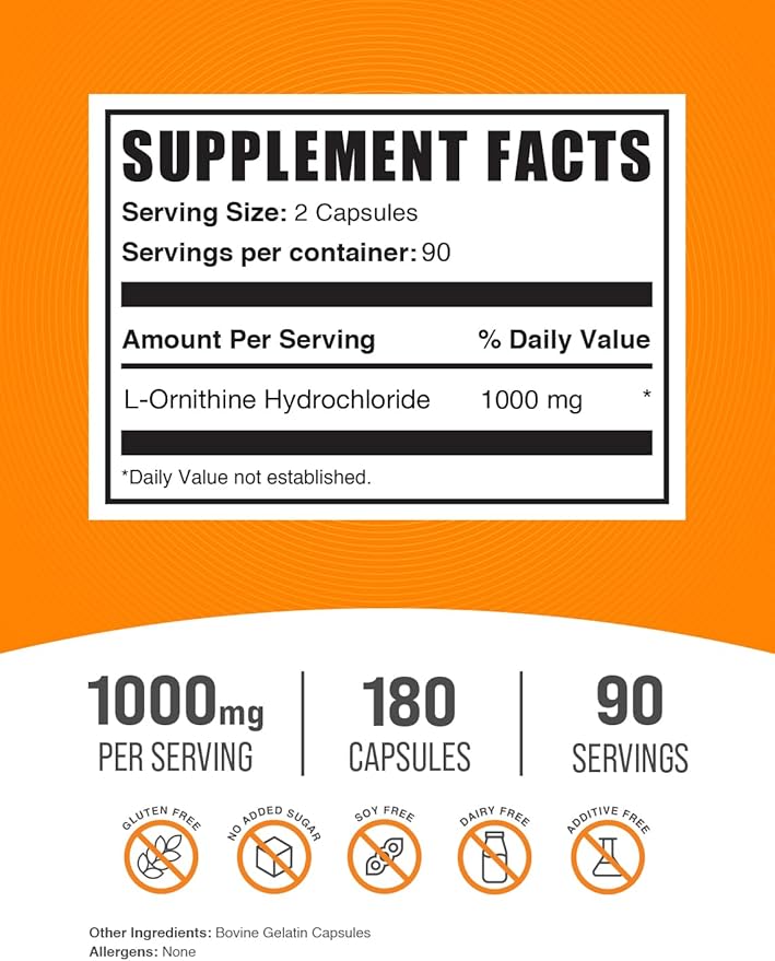 BulkSupplements.com L-Ornithine HCl Capsules - L-Ornithine Hydrochloride, L-Ornithine 1000mg - Amino Acids Supplement, Gluten Free, 2 Capsules per Serving, 180 Count (Pack of 1)