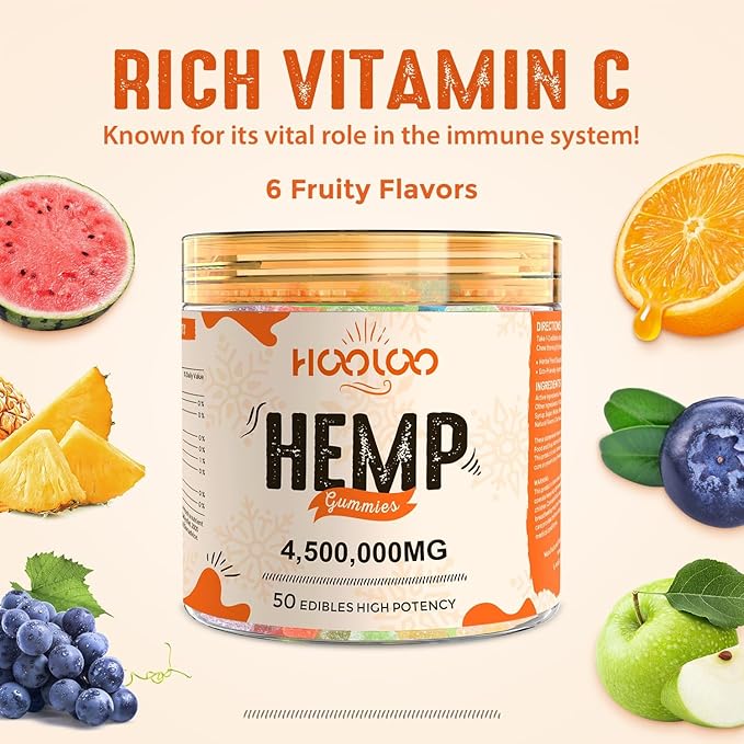 HOOLOO Hemp Gummies for Deep Bedtimes, Unwind, Focus - 6 Fruity Flavors Big Cubes Gummy Infused Vitamins Omega 3 - Extra Stength 4,500,000mg for Adults - Made in USA
