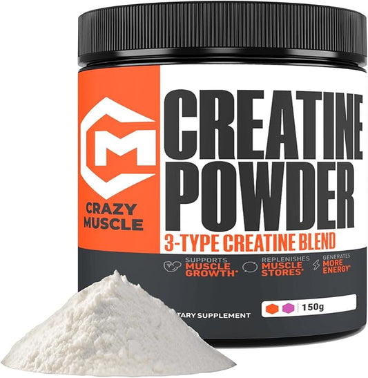 Crazy Muscle Creatine Monohydrate Powder, 5000mg Premium 3X ThreeAtine Pre Workout Mass Gainer, High Absorption Easy to Take Powder Optimum Performance for Men & Women, 30 Servings