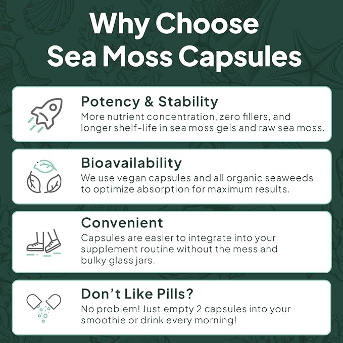 Wild Sea Moss Capsules - 100% Organic Irish Sea Moss with Organic Chlorella, Bladderwrack and Vitamin D for Energy, Lung Health and Thyroid Support for Women and Men - 60 Capsules