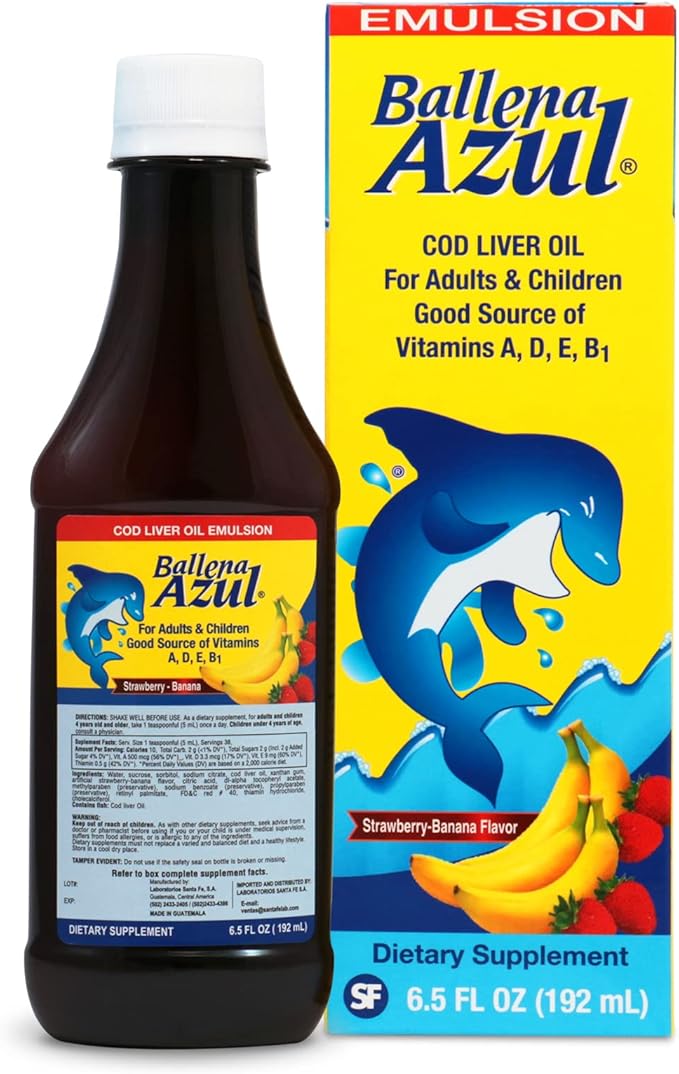Ballena Azul Aceite de Hígado de Bacalao para Adultos y Niños, COD Liver Oil for Adults and Children, Source of Vitamins A,D,E, B1, Dietary Supplement, Omega 3,Inmune System Boost(Strawberry Banana)
