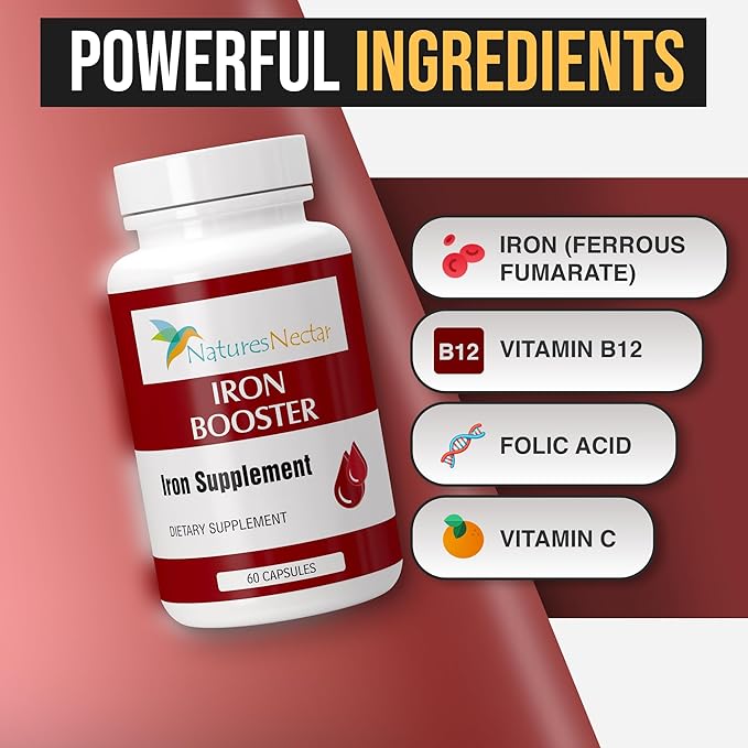 Nature's Nectar Iron Booster - Iron Supplement for Women - Helps Boost Red Blood Cell Production with Slow Release Non Constipating Ferrous Pills for Women - Best for Anemia