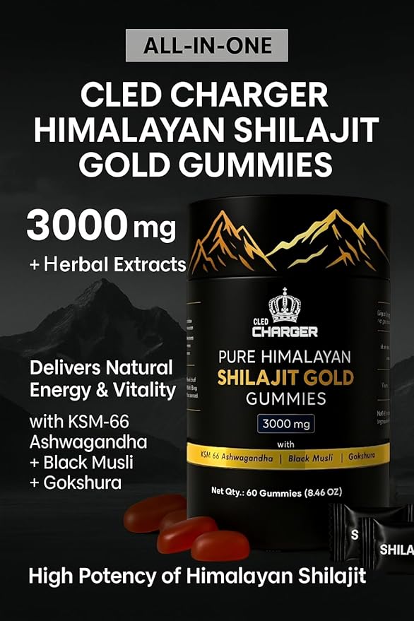 Pure Himalayan Shilajit Gummies Gold with KSM 66 Ashwagandha, Gokshura, Black Musli | Fulvic Acid & 85+ Trace Minerals | Shilajit for Men, Women | 100% Natural and Organic | 60 Gummies