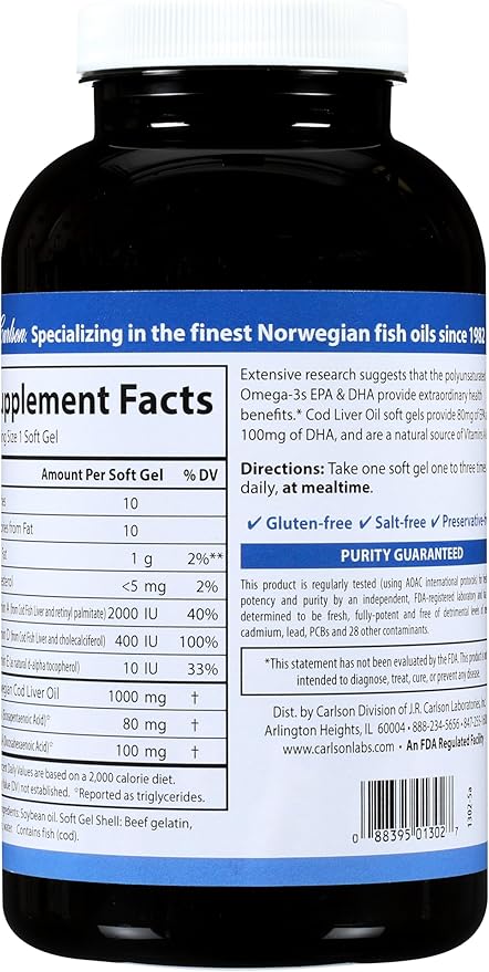 Carlson - Cod Liver Oil Gems, Super 1000 mg, 250 mg Omega-3s, 400 IU (10 mcg) Vitamin D3, Wild Caught Norwegian Arctic Cod Liver Oil, Nordic Fish Oil Capsules, 250 Softgels