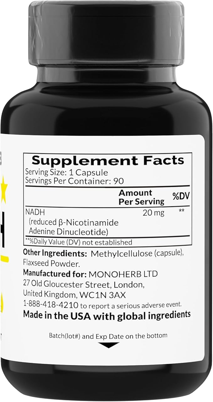 NADH 20 mg - 90 Vegetarian Capsules - Reduced Nicotinamide Adenine Dinucleotide Supplement