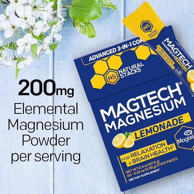 MagTech Magnesium Drink Mix Lemonade - 3 Forms of Magnesium: Magtein L-Threonate, Glycinate & Taurate - 200mg Chelated Magnesium Complex - Supports Relaxation & Brain Health* - 20 Stick Packs