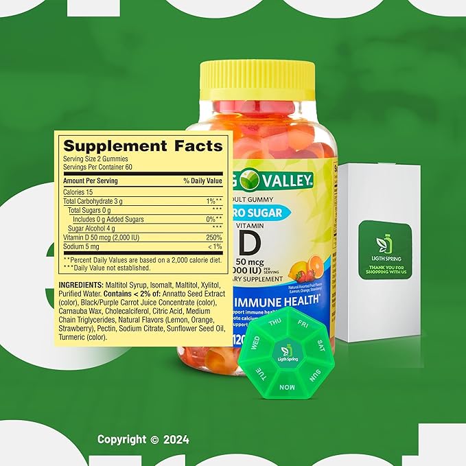 Zero Sugar Vitamin D Spring V Gummies, 50 Mcg (2,000 IU), 120 Count, Lemon, Orange & Strawberry Flavors, Supports Bone & Immune Health + Better Ligth&Spring Guide
