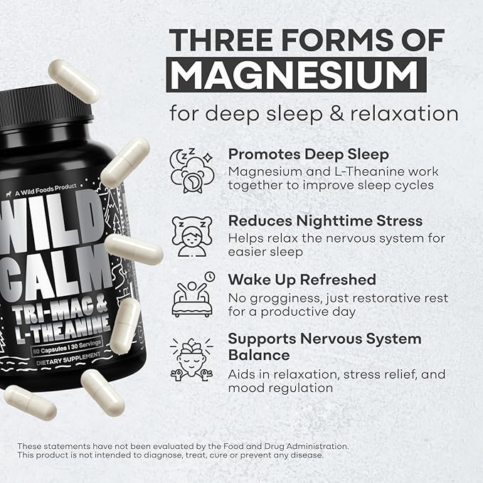 Wild Foods Tri-Mag & L-Theanine – Triple Magnesium Complex for Sleep w/L Theanine – Magnesium Glycinate, Malate, Taurate – 100% Natural – 60 Capsules