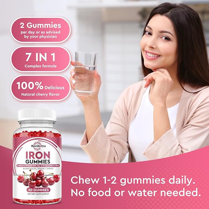 Iron Gummies with Zinc, Calcium, Vitamin C, B6 & B12 | Iron Supplement for Women, Men & Kids | Supports Anemia & Deficiency, Blood Builder & Cell Formation | Chewable Cherry Flavor | 60 Gummies