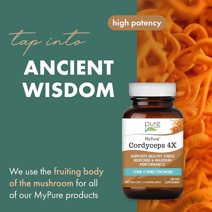 PURE ESSENCE LABS MyPure Cordyceps 4X Mushrooms - Concentrated Cordyceps Mushroom Powder Supplements for Immune System, Stress Response, Physical & Mental Performance - 2 Months Supply