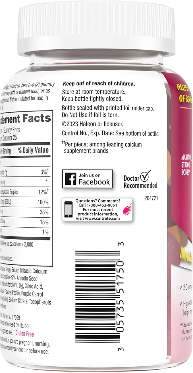 Caltrate Gummy Bites 500 mg Calcium and Vitamin D Supplement, Black Cherry, Strawberry, Orange - 50 Count