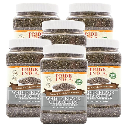 Pride Of India - PACK of 6 - Whole Black Chia Seeds Raw (Pesticide Free)- Omega-3 & Calcium Superfood, 2 Pound Jar