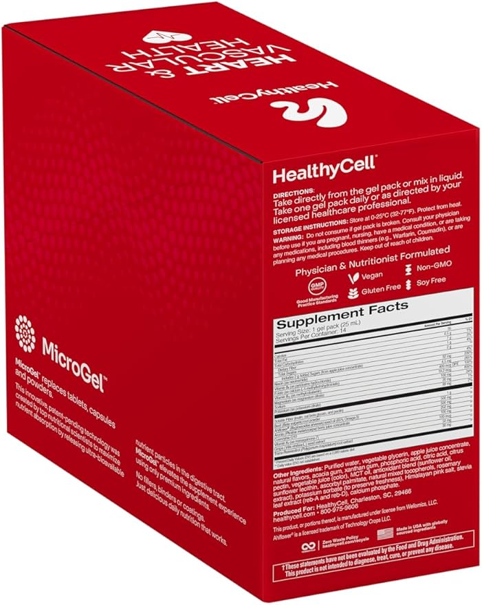 Healthycell Heart & Vascular Health Daily Liquid Supplement - Blood Pressure & Cholesterol Support with Beet Root Powder, Resveratrol, CoQ10, Omega-3 & Vitamin K - 14 Gel Packs