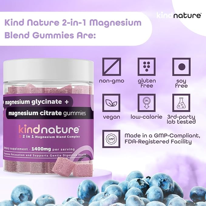 Kind Nature Magnesium Glycinate & Citrate Gummies – Calm Magnesium Complex for Sleep, Stress, Cramps & Digestion – Chewable Vegan Magnesium Supplement for Women, Teens, Adults – 60 Ct