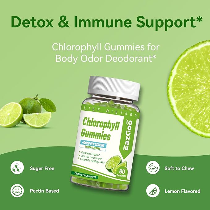 Chlorophyll Gummies for Body Odor Deodorant* 2 Pack, Sugar Free Chewable Chlorophyll for Immune Support Women Vegan Non-GMO, 120 Count (Lemon)