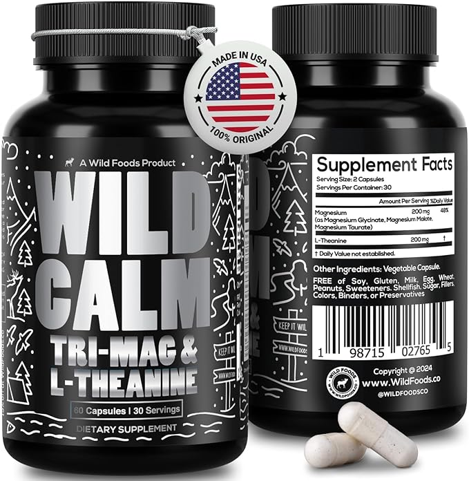 Wild Foods Tri-Mag & L-Theanine – Triple Magnesium Complex for Sleep w/L Theanine – Magnesium Glycinate, Malate, Taurate – 100% Natural – 60 Capsules