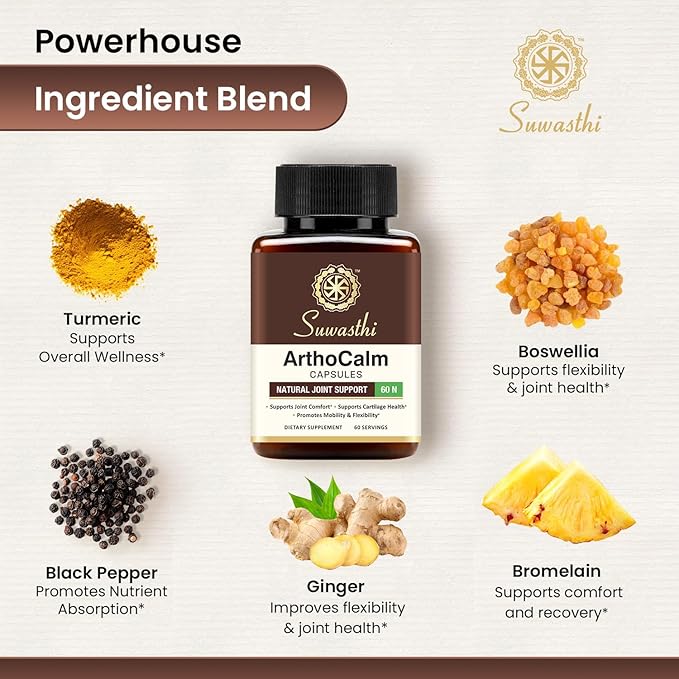 Arthocalm Capsule Boswellia & Bromelain Supplement for Men & Women, Ayurvedic Blend with Turmeric, Black Pepper & Ginger that May Support your Joints, Non-GMO, Gluten Free & Vegan 60 Capsules