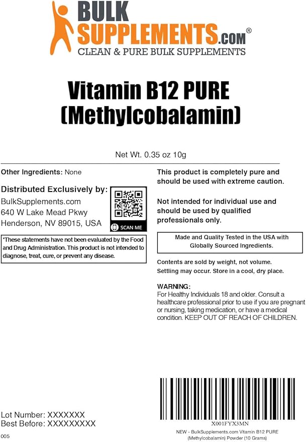 BulkSupplements.com Pure Vitamin B12 Methylcobalamin Powder - Vitamin B12 Supplements, Pure Product - Multiple Servings, 10g (0.35 oz) (Pack of 1)