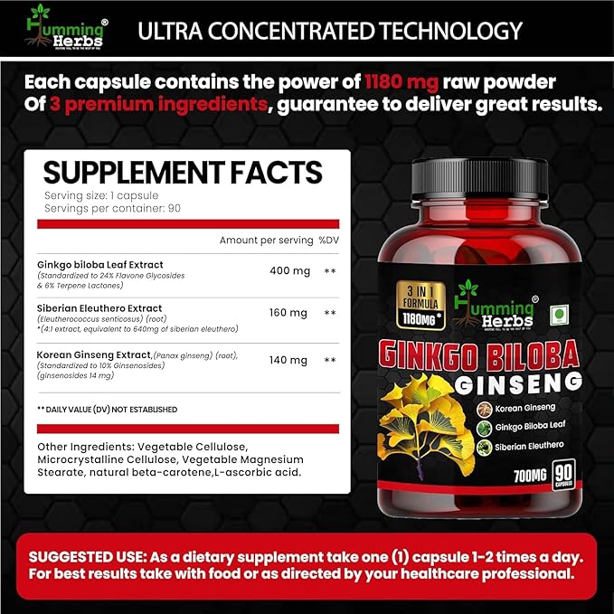 Ginkgo Biloba & Korean Ginseng Supplement – 700mg with Siberian Eleuthero Supports Brain Function, Energy, & Immune – 90 Capsules