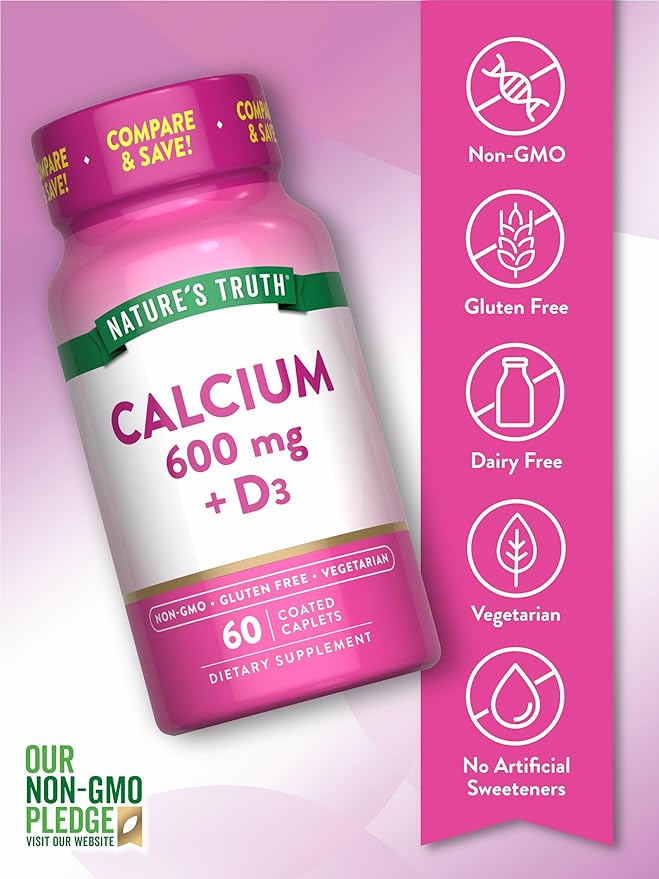 Nature's Truth Calcium 600 mg with Vitamin D3 | Coated Caplets | Calcium Carbonate | Vegetarian, Non-GMO & Gluten Free Supplement