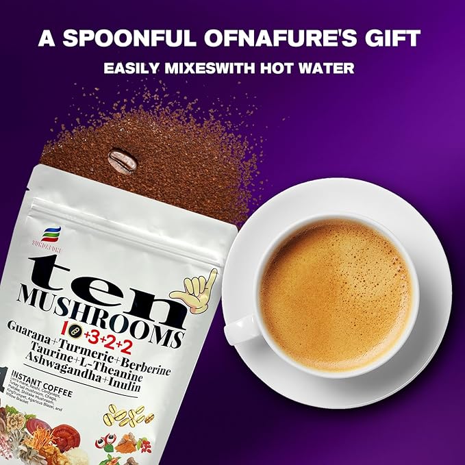17-in-1 Mushroom Coffee with Guarana, Turmeric, Berberine, Taurine, L-Theanine, Ashwagandha & Inulin for Focus, Energy, Immunity, Stress Relief & Digestive Health-10 Mushroom Instant Coffee (60 Srvs)